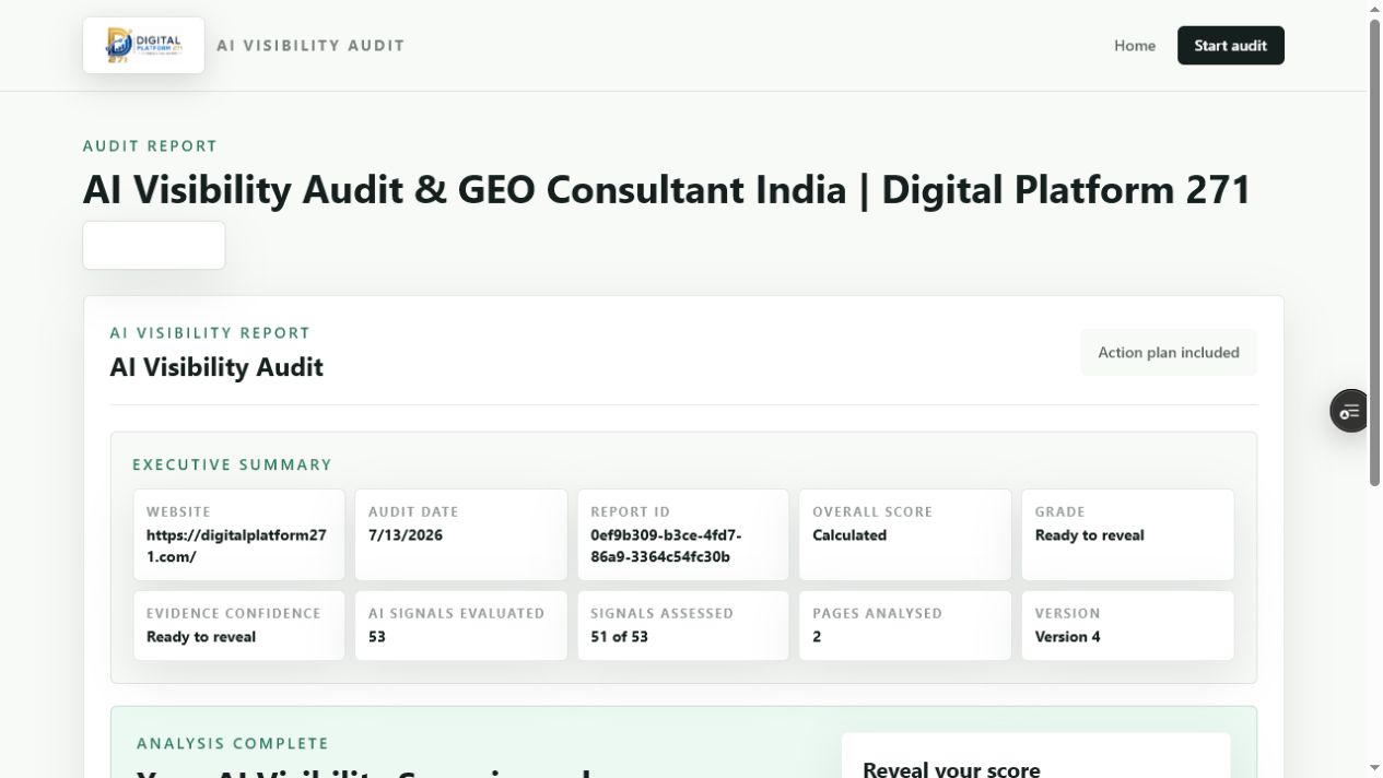 Real Digital Platform 271 AI Visibility Audit preview showing the executive summary and assessed signals